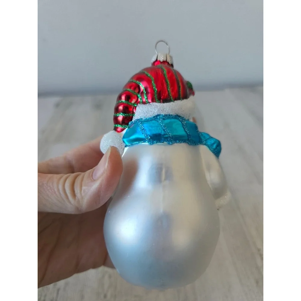 Vintage glass snowman family glitter‎ ornament Xmas tree blue red white